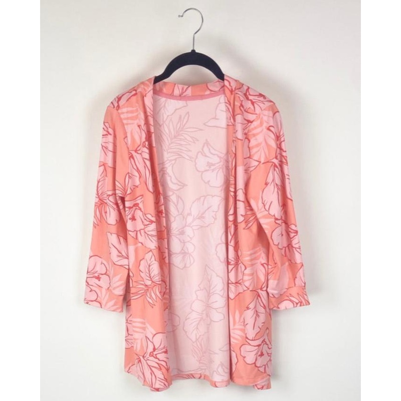 Peach and Pink Tropical Floral Print Open Cardigan – Small
