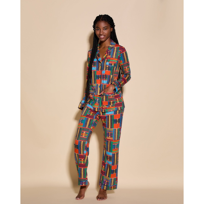 3 Pockets Long Sleeve Top & Pant Pajama Set Kente XS