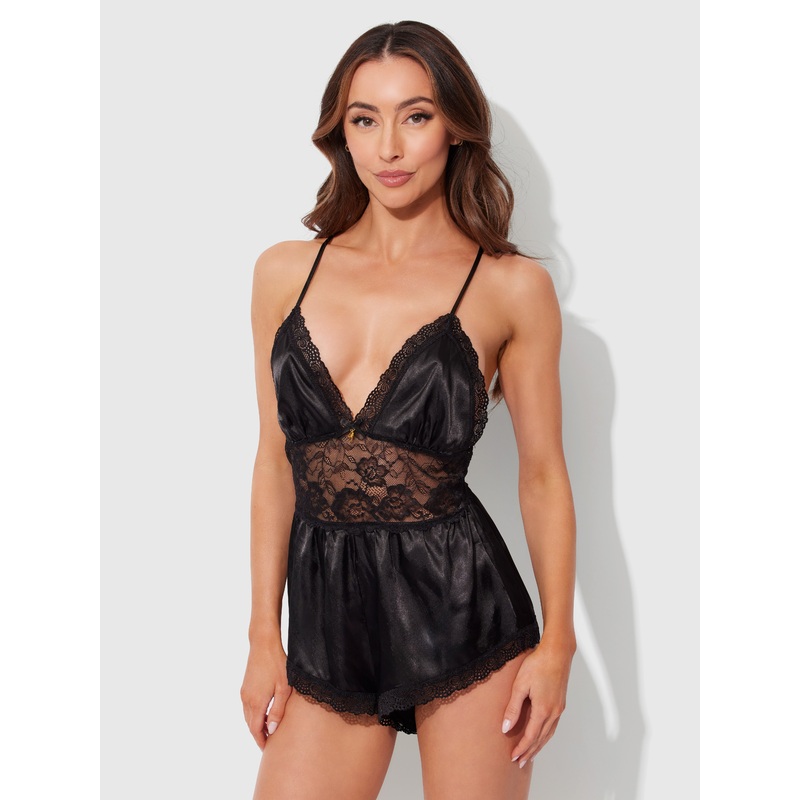 Elisa Satin & Lace Racerback Sleep Romper Black S