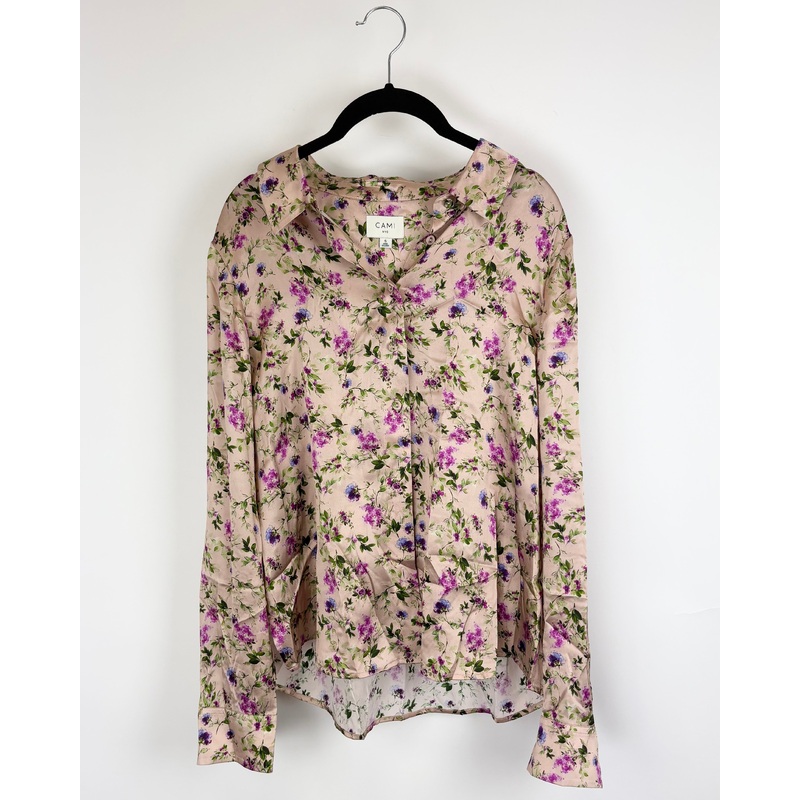 Pink Floral Button-Down Blouse – Small