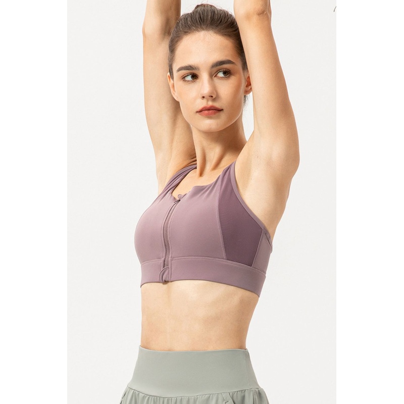 Zip-Up Round Neck Sports Bra Lilac S