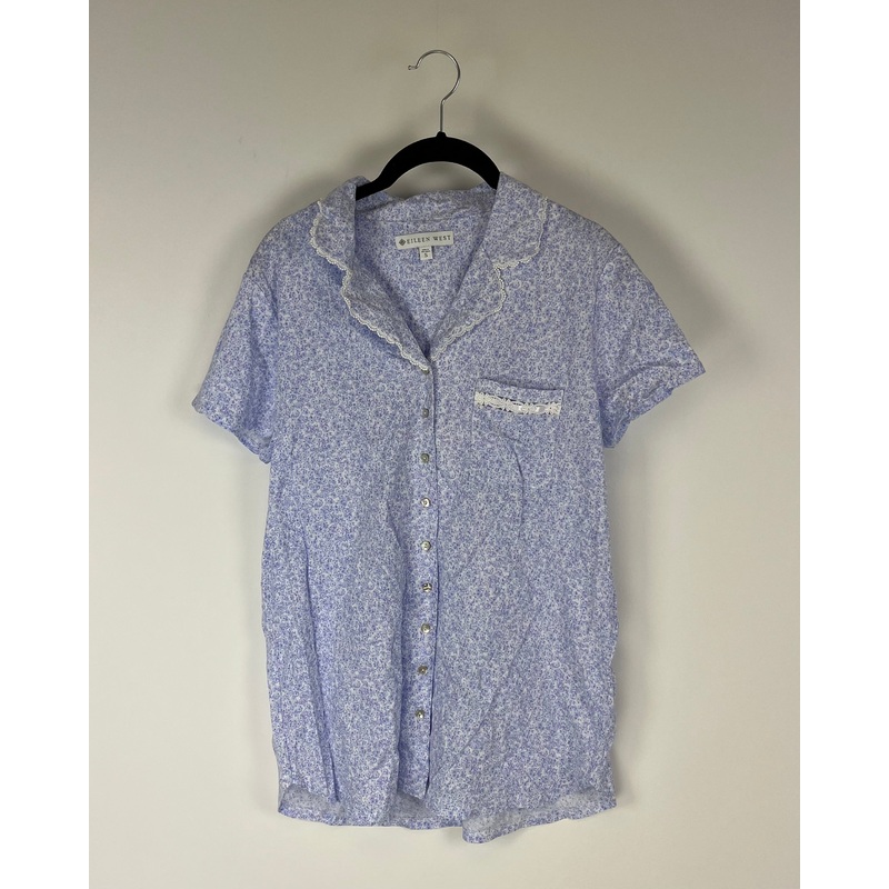 Purple Floral Print Short Sleeve Button Down Sleep Shirt – Small
