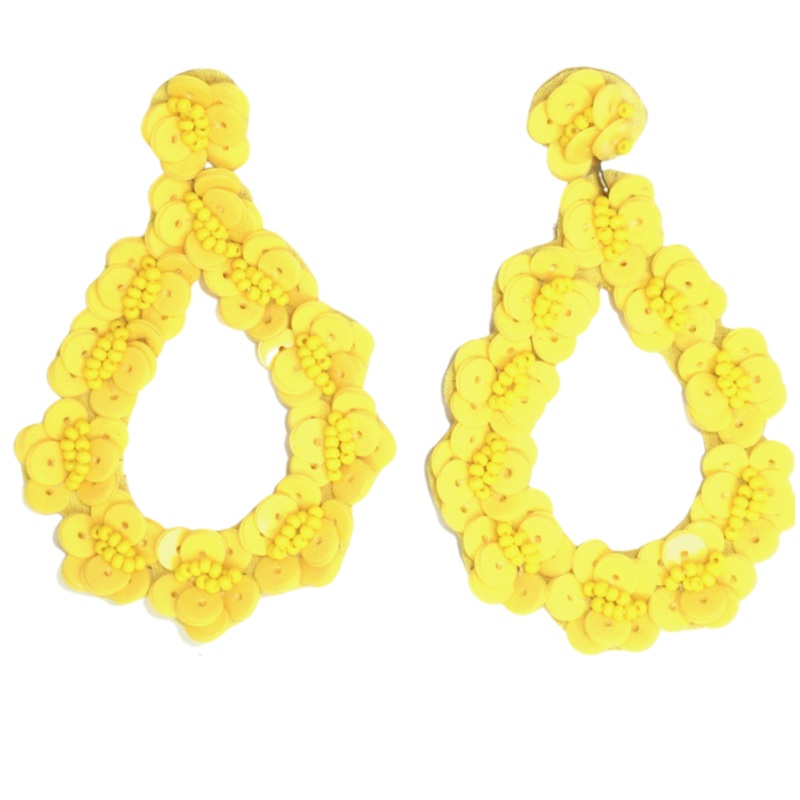 Teardrop Shaped Earrings with Yellow Sequins and Beads