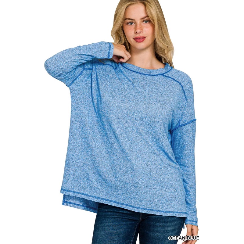 Zenana Full Size Melange Hacci Exposed Seam Hi-low Tee Plus Size OCEAN BLUE S/M
