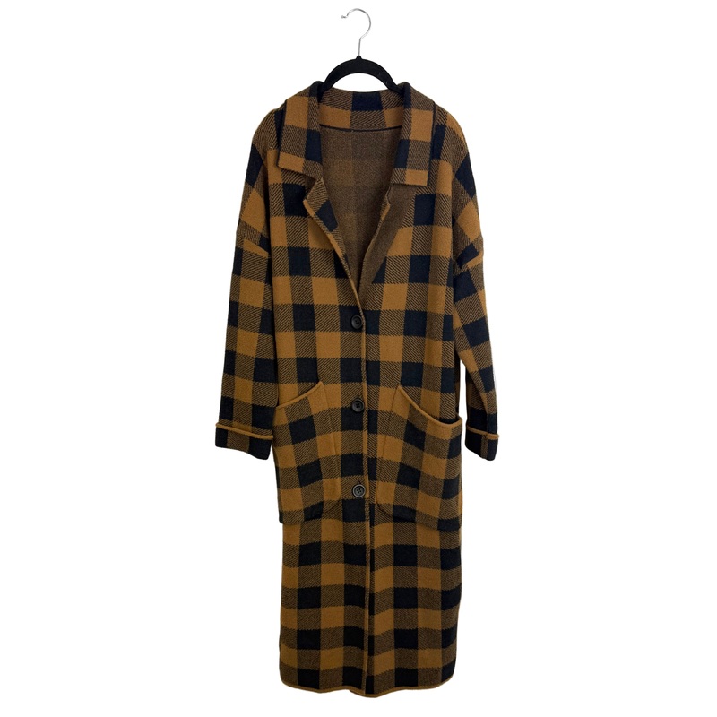 Brown Checkered Long Sweater – Size 8/10
