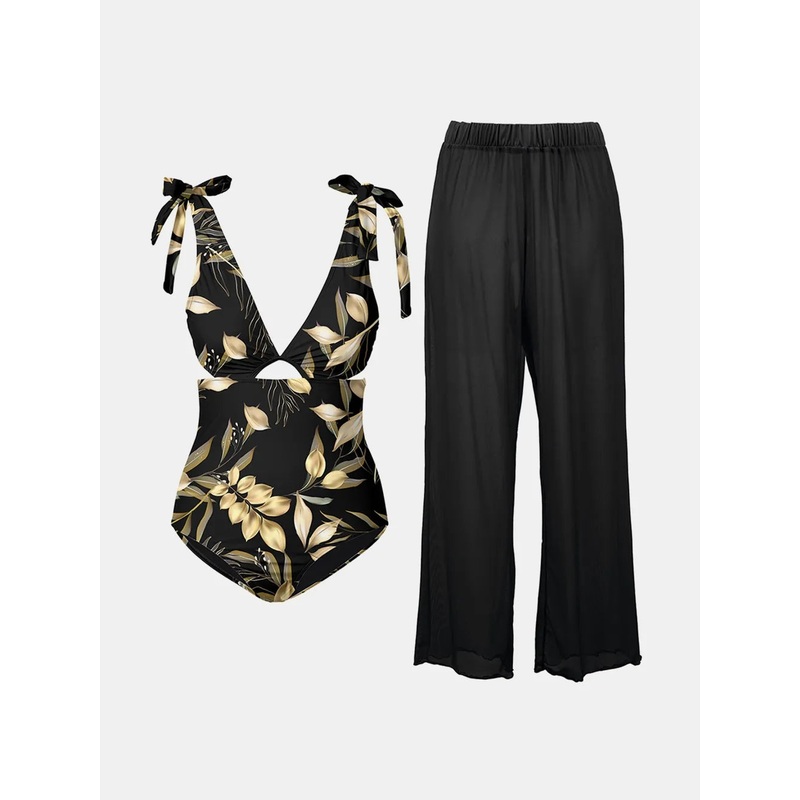 FAM-FAM Cutout Tied Bodysuit and Pants Swim Set Black S