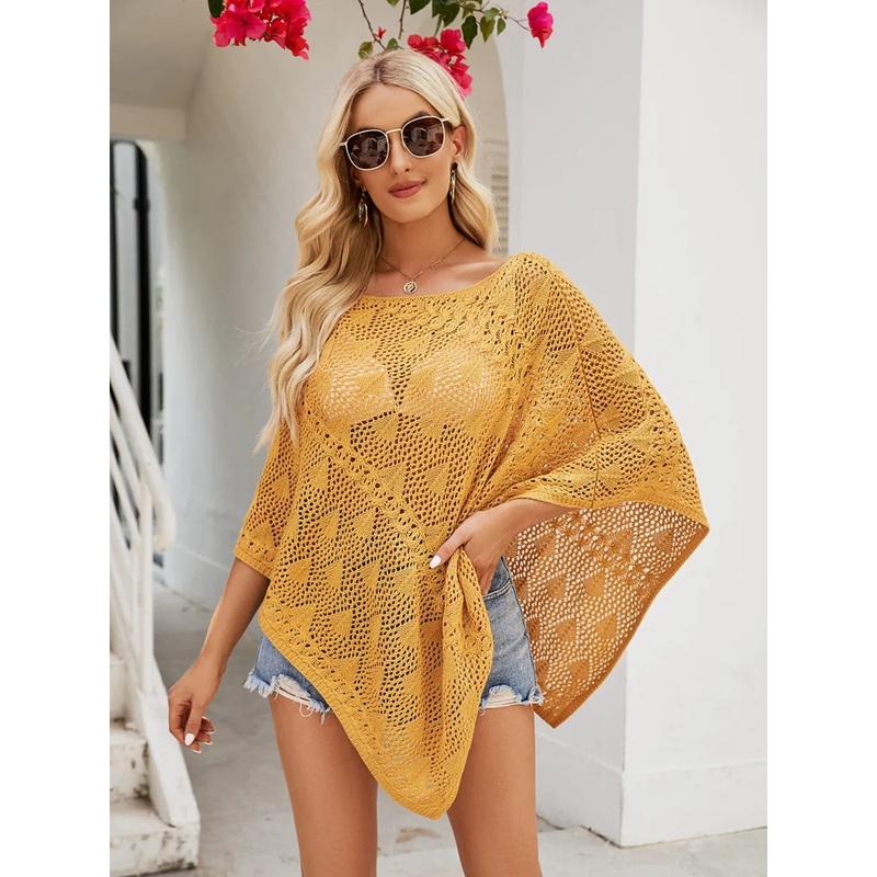 Openwork Boat Neck Shawl Cover Up Mustard S