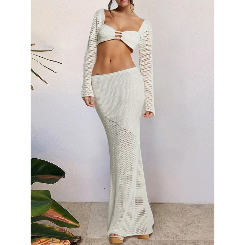 Tied Long Sleeve Top and Skirt Cover Up Set Beige S