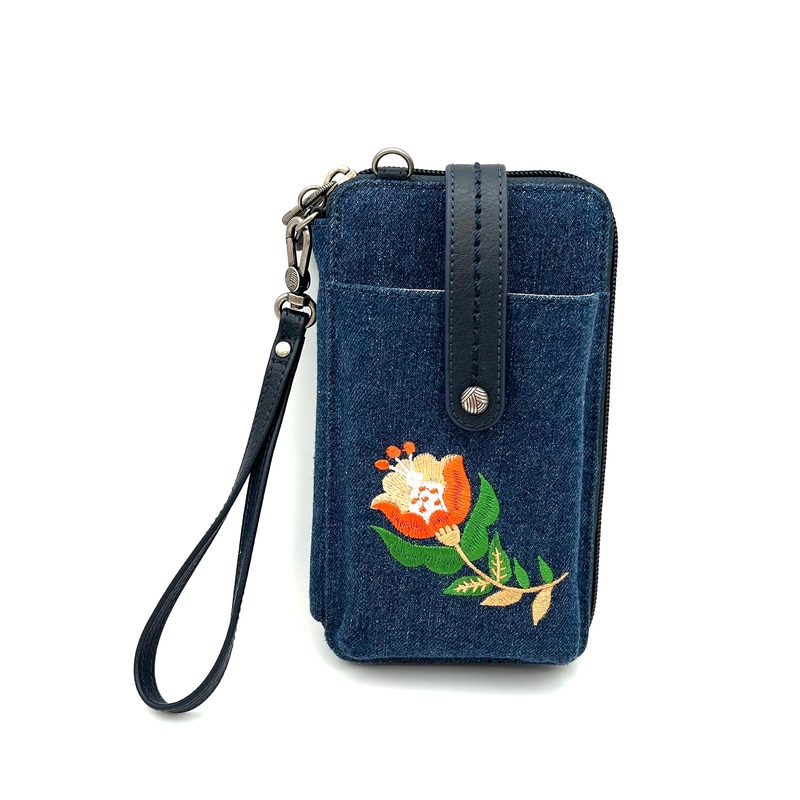 Blue Denim Wristlet / Crossbody with Embroidered Orange Flower