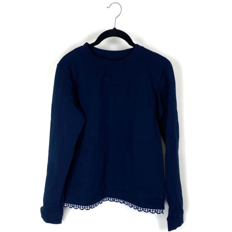 Navy Blue Long Sleeve Top with Gingham Trim – Small