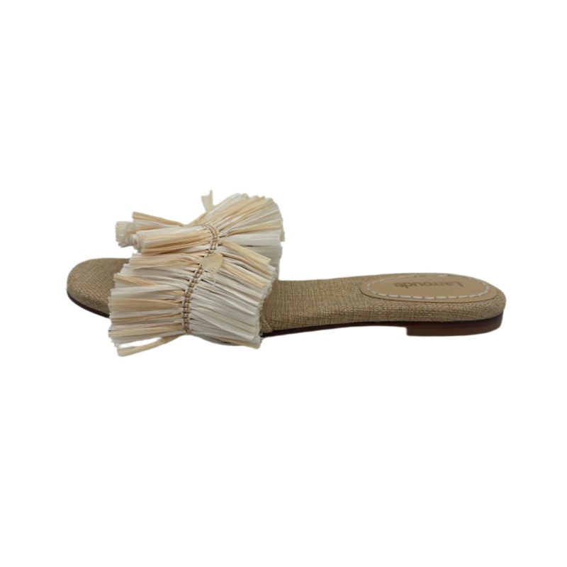 Beige and White Straw Fringe Sandals – Size 6.5