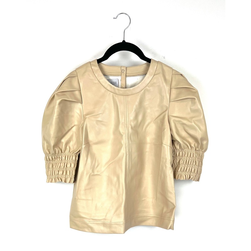 Beige Short Sleeve Faux Leather Blouse – Small