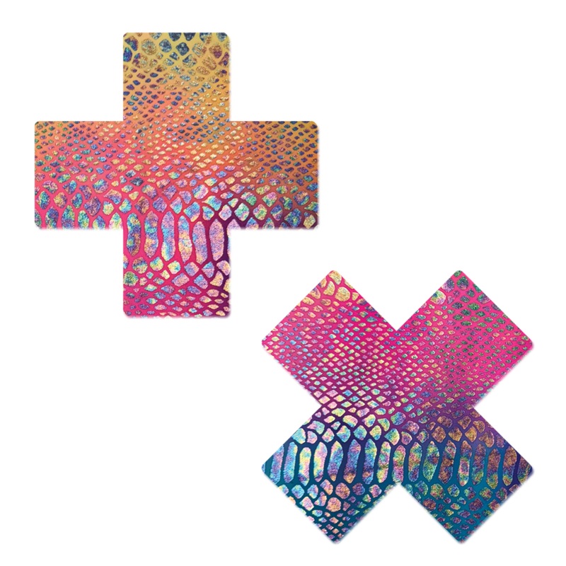 Plus X: Neon Rainbow Tie Dye Snake Print Cross Nipple Pasties by Pastease o/s Rainbow