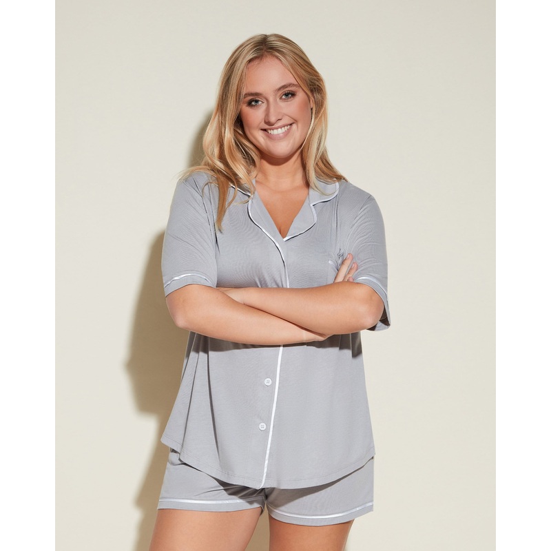 Short Sleeve Top & Boxer Pajama Set Dove Gray/White XS