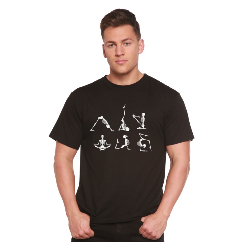 Halloween Skeleton Namaste Men’s Bamboo Viscose/Organic Cotton Short Sleeve Graphic T-Shirt Medium Black