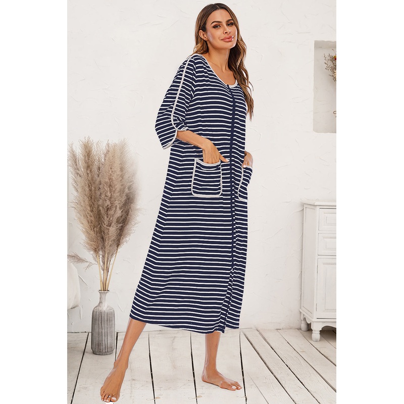 Round Neck Three-Quarter Sleeve Midi Night Dress Navy S