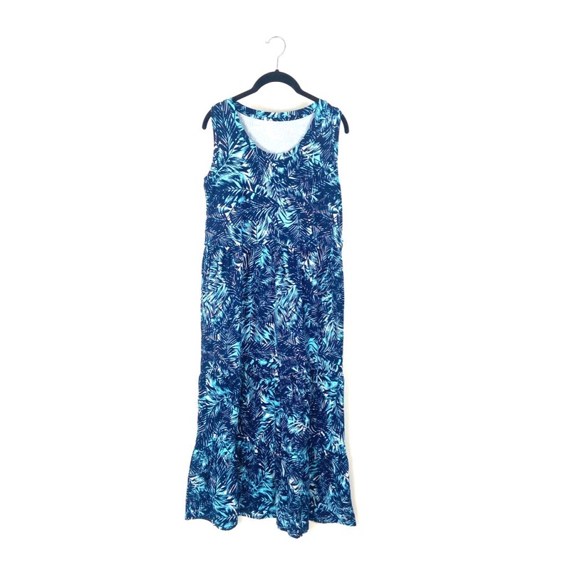 Blue Palm Tree Sleeveless Tiered Maxi Dress – Small/Medium