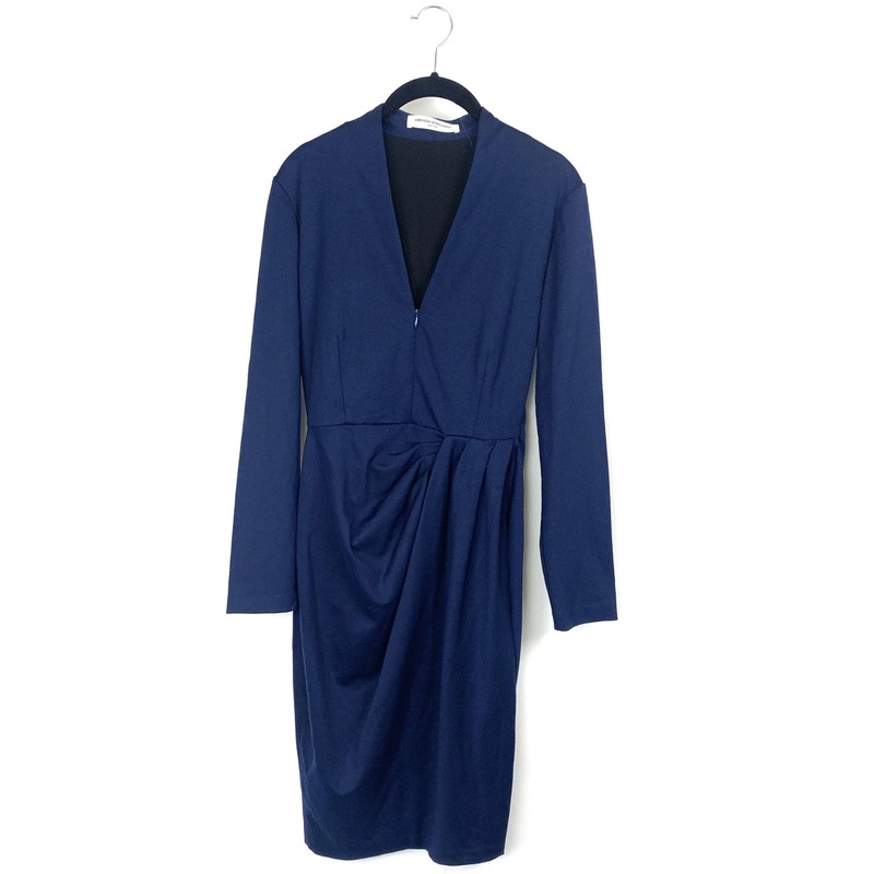 Navy Long Sleeve V-Neck Midi Dress- Small