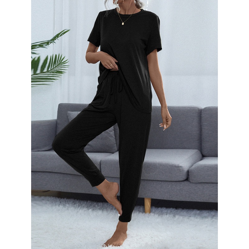 Shiny Round Neck Short Sleeve Top and Pants Set Black XS