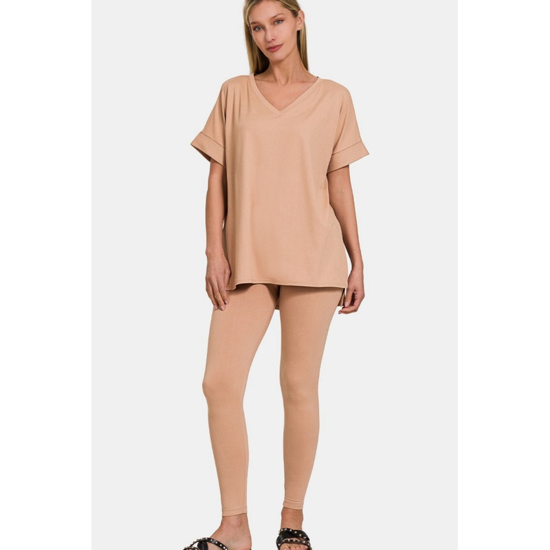 Zenana Full Size V-Neck Rolled Short Sleeve T-Shirt and Leggings Lounge Set Brush S