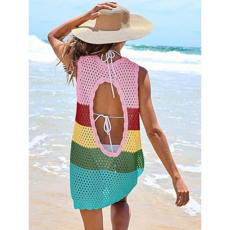 Color Block Openwork Sleeveless Cutout Back Cover-Up Rainbow S