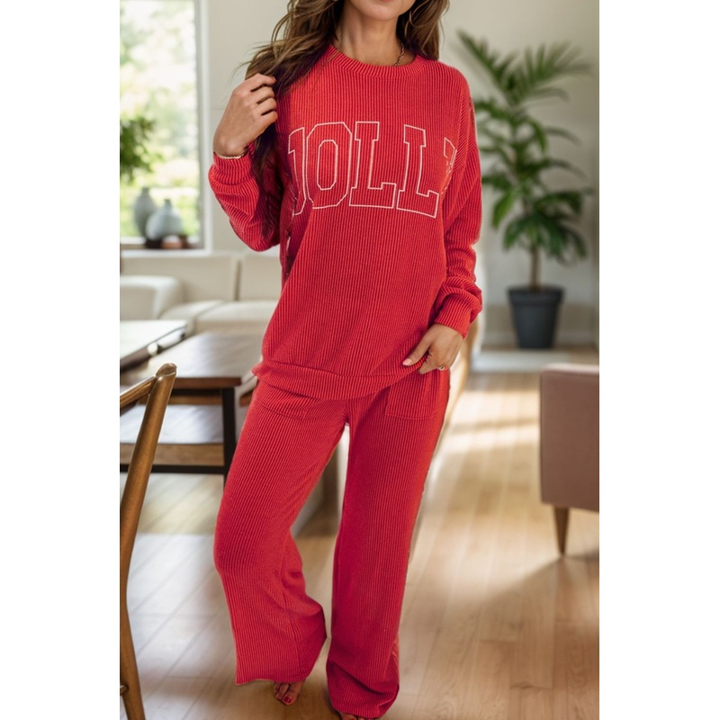 JOLLY Round Neck Long Sleeve Top and Pants Lounge Set Deep Red S