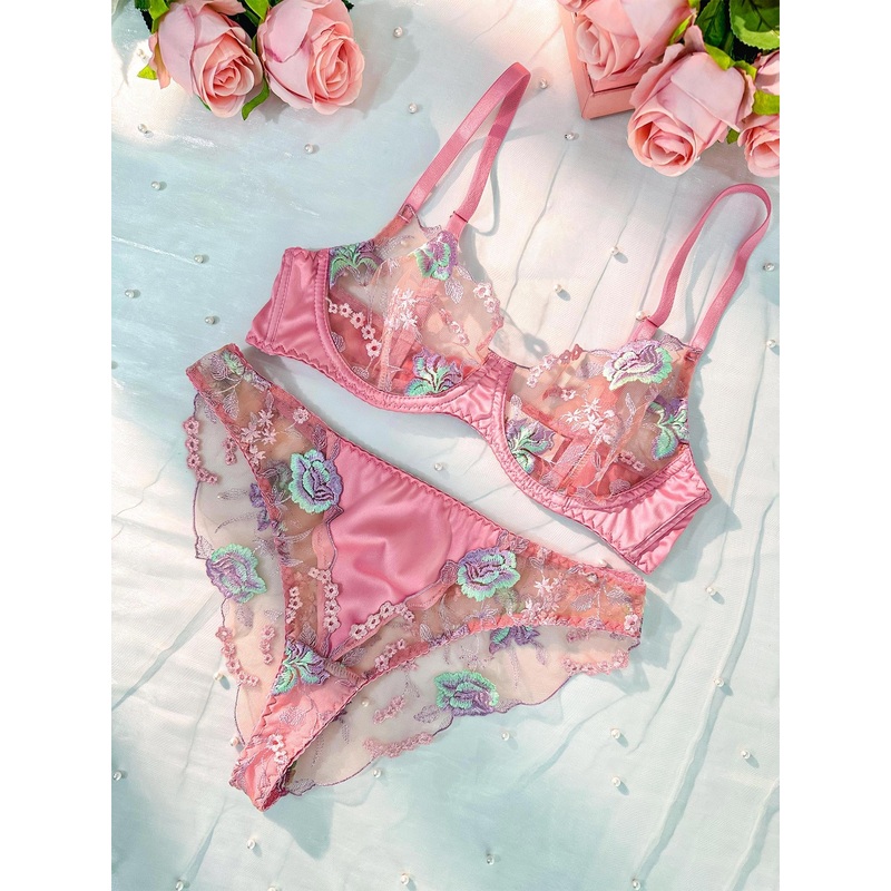 Pink Petals Embroidered Lingerie Set PINK S
