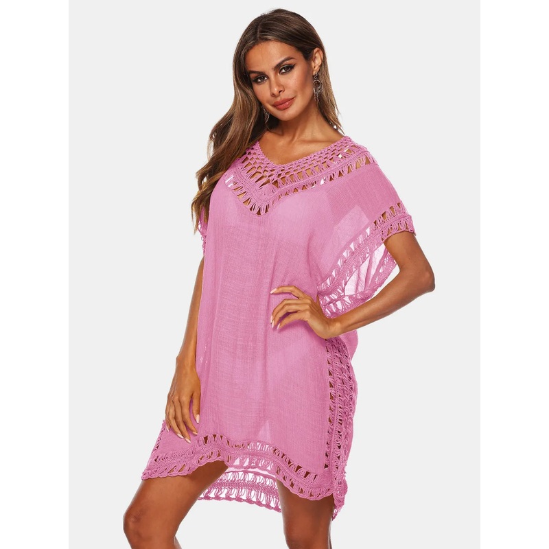 Cutout V-Neck Short Sleeve Cover-Up Pink One Size