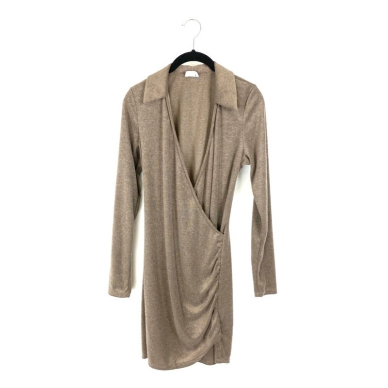 Taupe Long Sleeve Wrap Front Dress – Small Small
