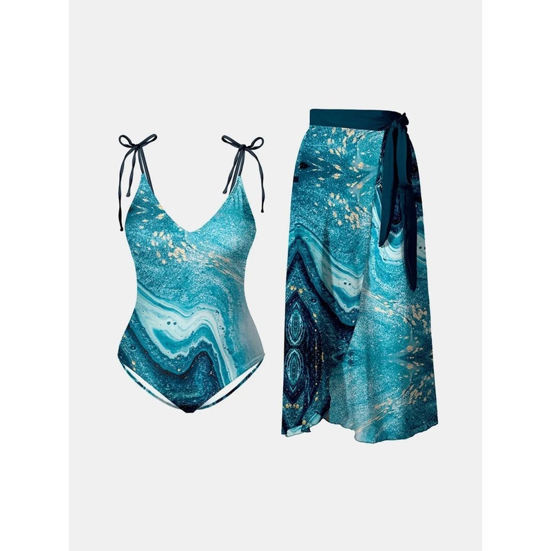 FAM-FAM Printed Tie Shoulder Swimwear and Skirt Swim Set Teal S