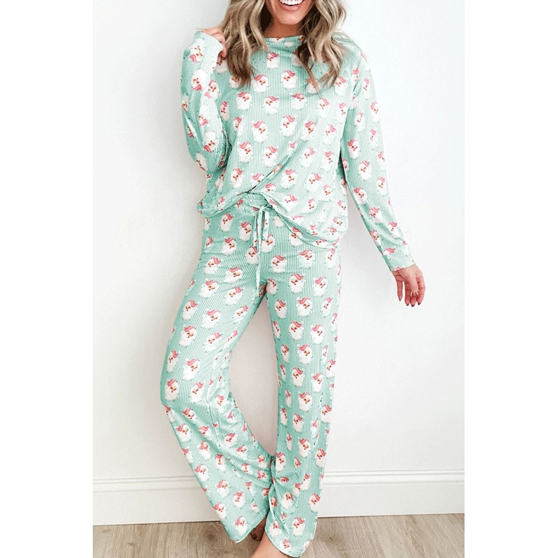 Santa Print Long Sleeve Top and Pants Lounge Set Light Green S