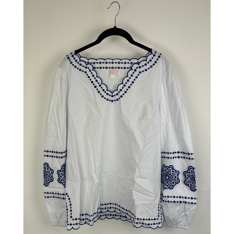 White and Blue Eyelet Long Sleeve – Size 6/8