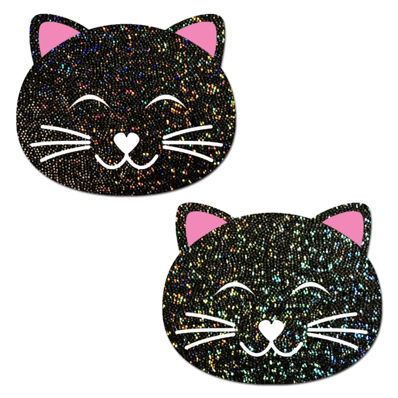 Kitty Cat: Happy Black Glitter Kitty Cat Nipple Pasties by Pastease o/s Black