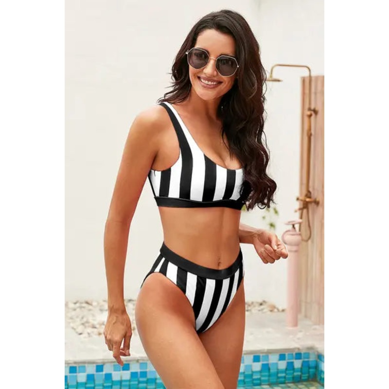 Striped Tank High Waist Bikini Brown S