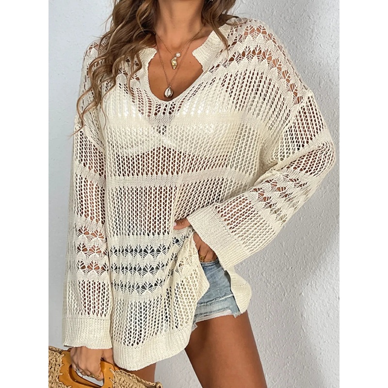 Cutout Notched Long Sleeve Cover-Up Tan S