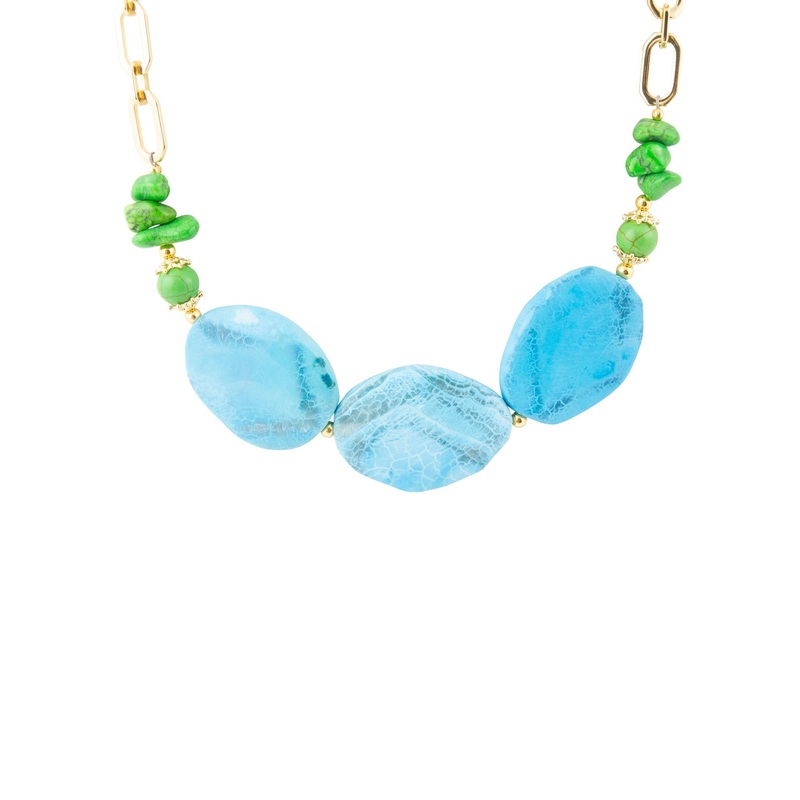 Fresh Twist Lime and Blue Agate Golden Chunky Necklace