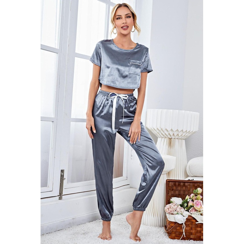 Satin Short Sleeve Crop Top and Joggers Lounge Set Steel S