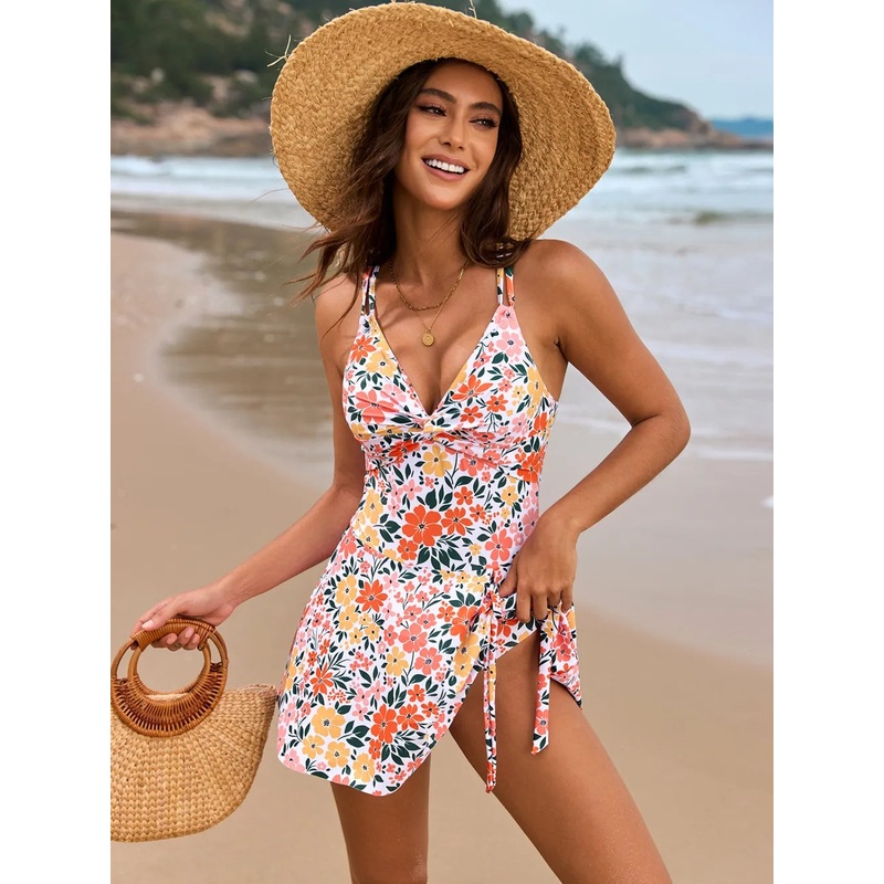 Twisted Front Crisscross Double Spaghetti Strap One-Piece Swimwear Orange S