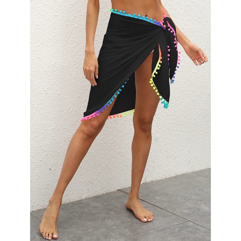 Rainbow Pompom Trim Swim Skirt Black One Size