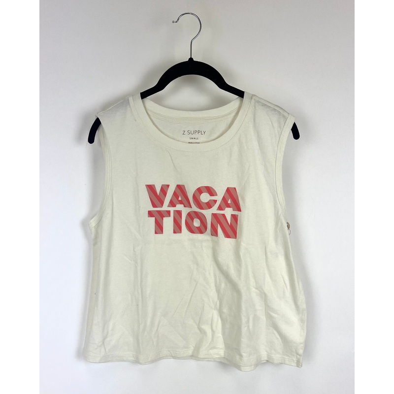 “Vacation” White Muscle Tank – Size 4/6