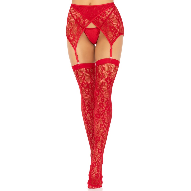 2 Pc Rachel Lace Thigh High and Crossover Garter Belt – One Size – Red