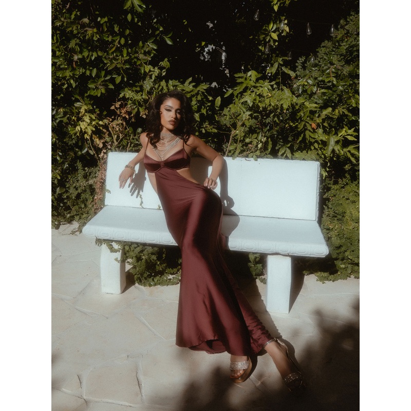 Petra Satin Monowire Cutout Gown Burgundy S