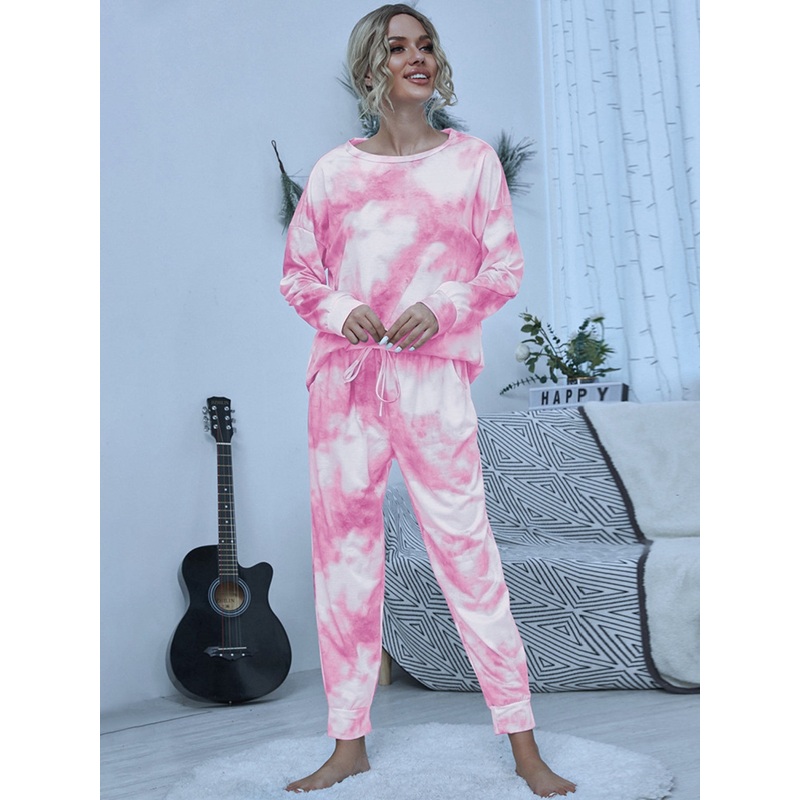 Shiny Tie-Dye Round Neck Top and Pants Lounge Set Blush Pink S