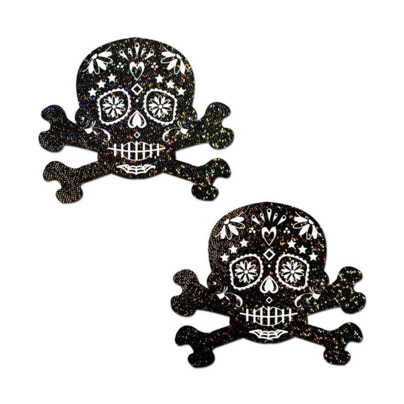 Black Glitter Candy Skull & Crossbones Nipple Pasties by Pastease o/s