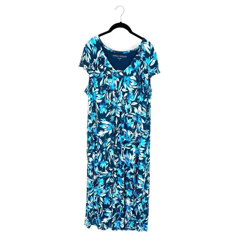 Blue And Black Leaf Print Dress – 1X