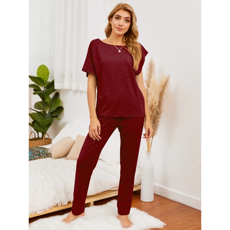 Boat Neck Top and Pants Lounge Set Burgundy S