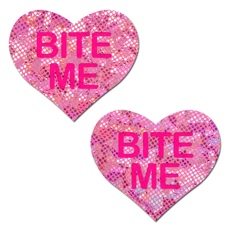 Love: Disco Pink Heart with ‘Bite Me’ Nipple Pasties by Pastease o/s Pink