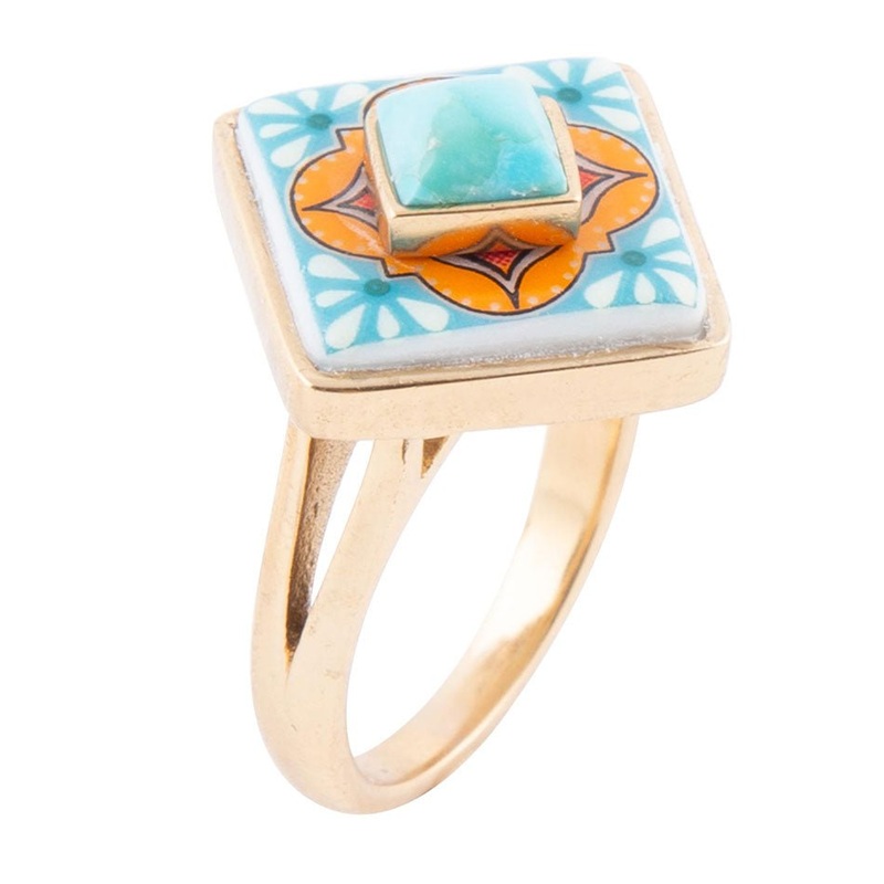 Talavera Tile Blue Turquoise Golden Ring 7