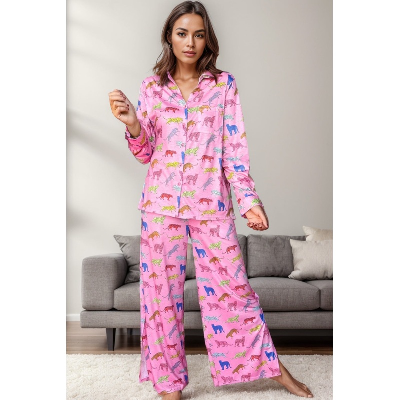 Pocketed Printed Top and Pants Lounge Set Pink S