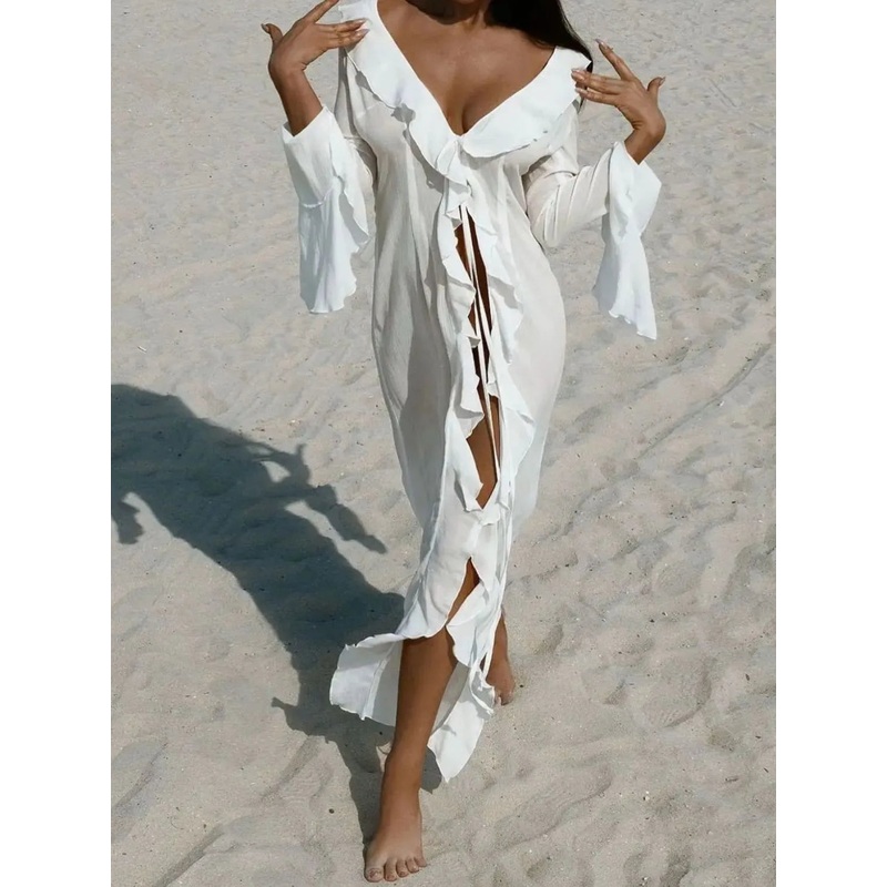 Ruffled Long Sleeve Cover-Up Dress White S